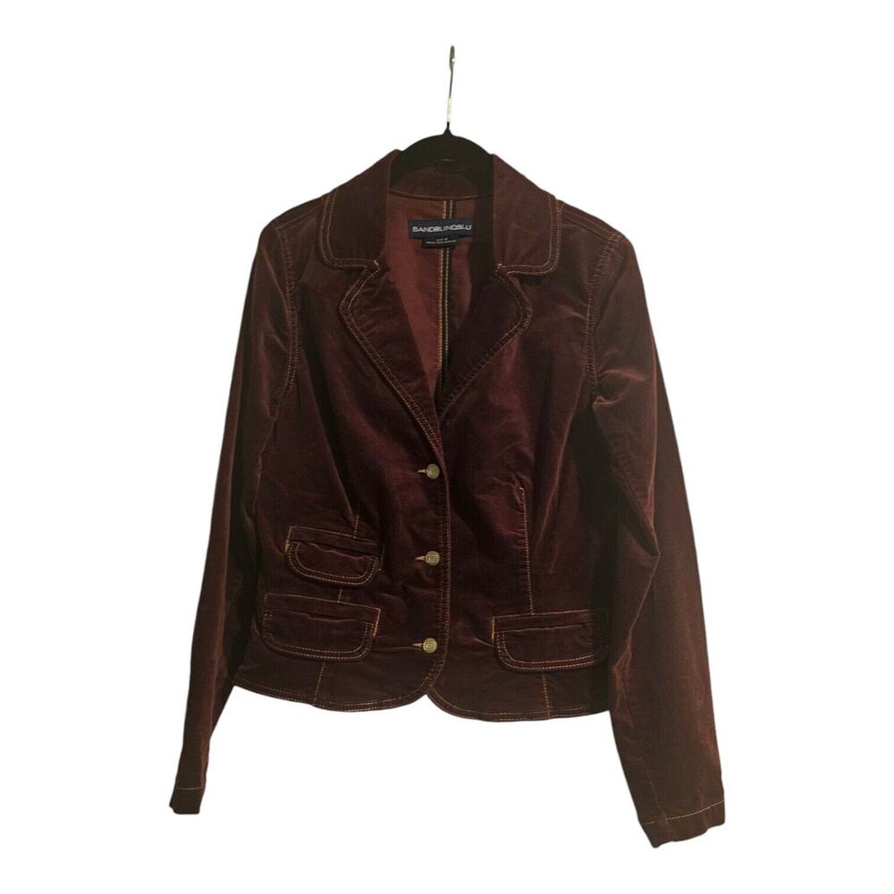 Bandolinoblu Womens Velvet Short Jacket Maroon Button Closure Faux Pockets SZ M